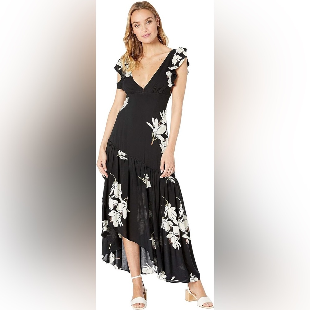 NWT Free People "She's a Waterfall" High Low Black Floral Maxi Dress Sz 4